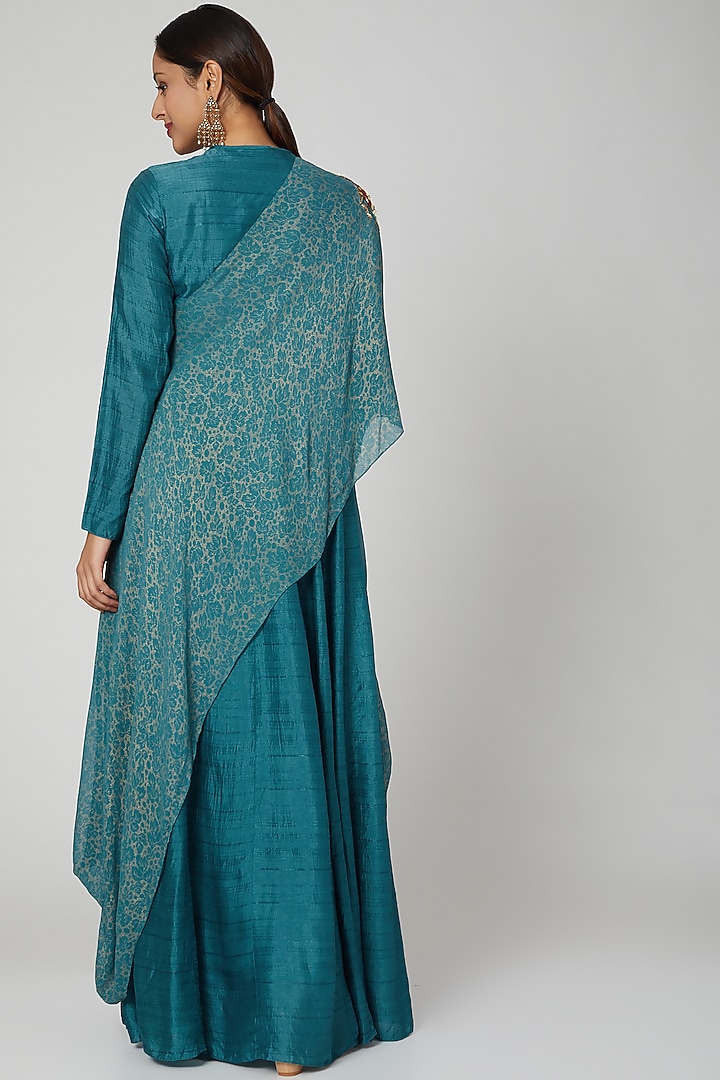 Turquoise Embellished Draped Gown by Abstract By Megha Jain Madaan at Pernia's Pop Up Shop